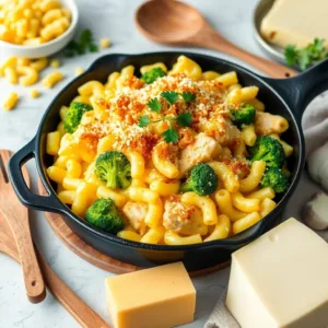 Creamy One-Pot Baked Macaroni Cheese with Chicken and Broccoli